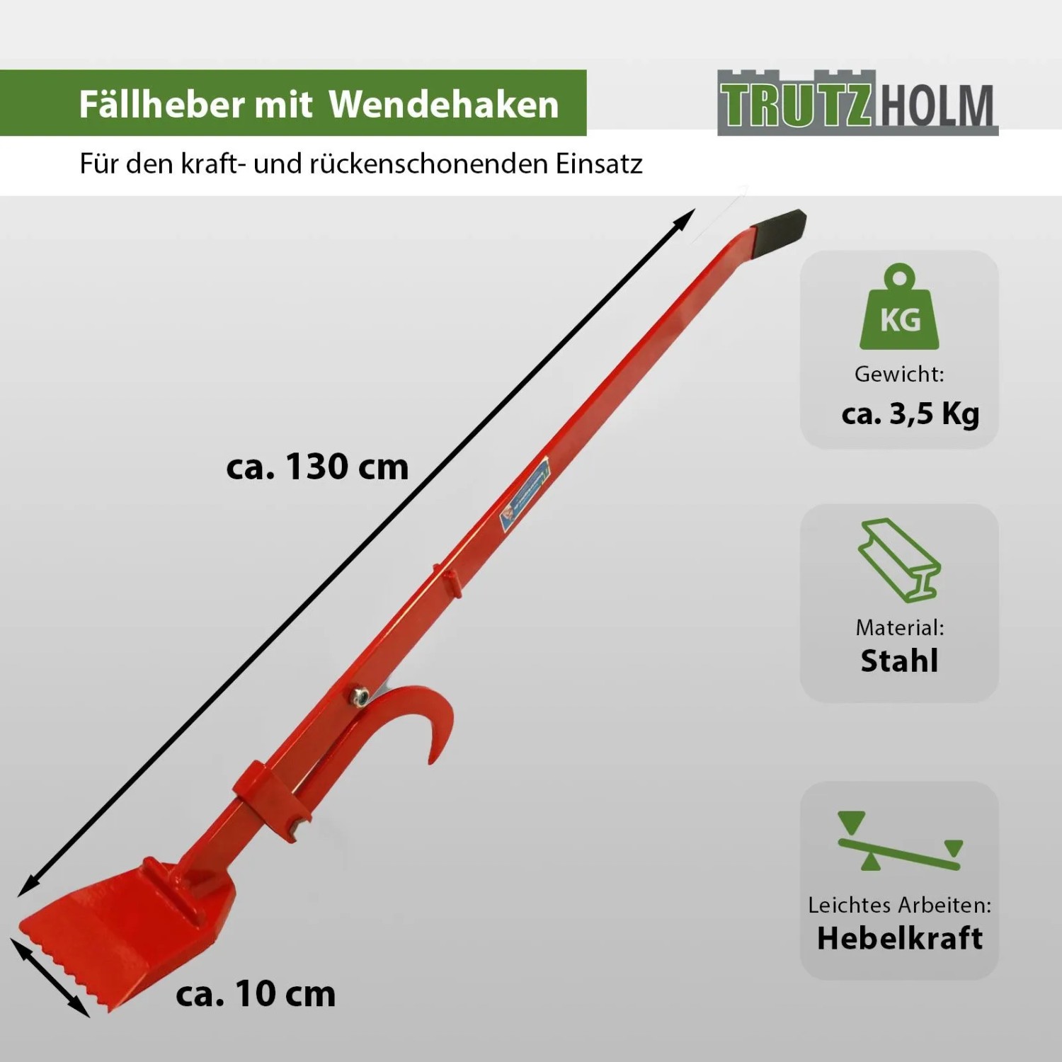 TRUTZHOLM Fällheber 130cm mit Wendehaken, rot, aus Stahl. Gartenhandgerät für Baumfällarbeiten.