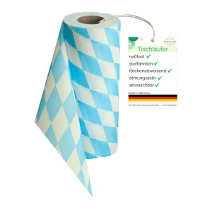 Sensalux Vlies-Tischläufer in Bayrischblau, 30 cm x 25 m, auf Rolle mit Rautenmuster.