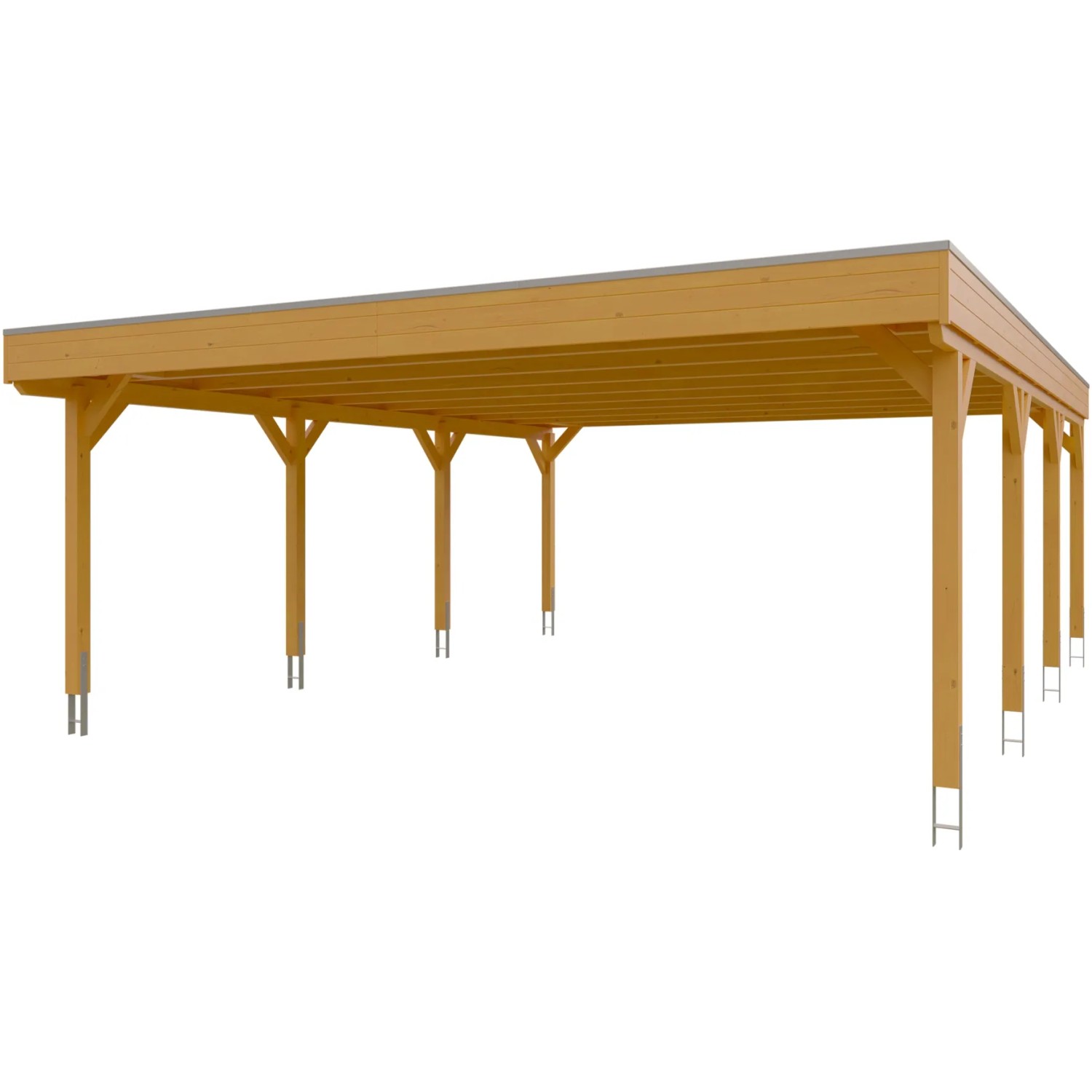 Skan Holz Carport Grunewald, Doppelcarport aus Eiche Hell mit EPDM-Dach auf acht Pfosten.
