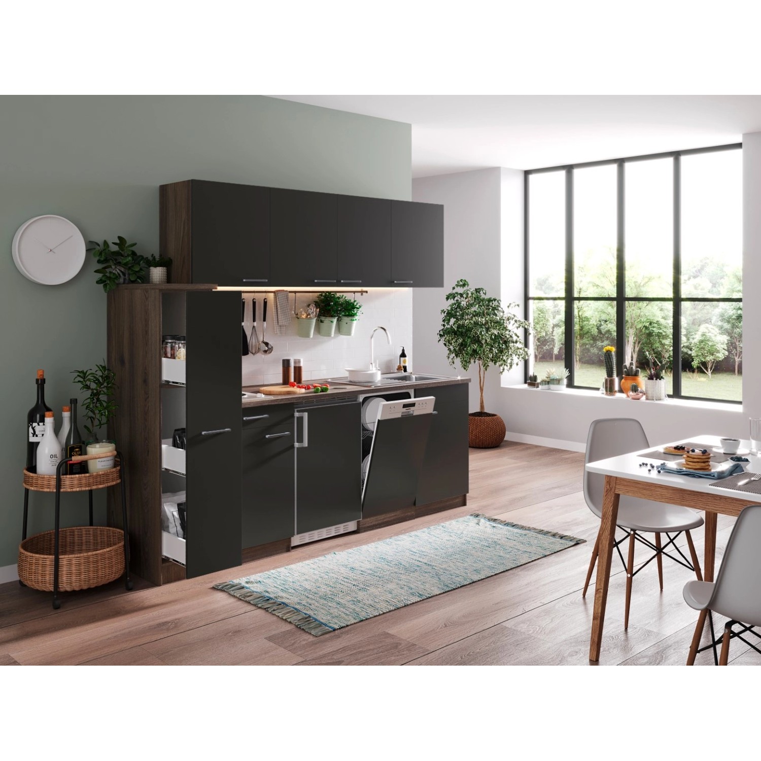 Respekta Küchenzeile KB225EYG 225 cm Grau-Eiche York Nachbildung