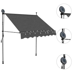 Anthrazitfarbene, handbetriebene Einzieh-Markise 200 cm mit LED-Beleuchtung und Solarpanel für Terrasse.