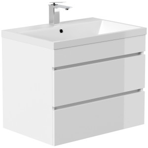 Posseik Badmöbel Fellini 70, weiß hochglanz, mit Waschbecken und 2 grifflosen Schubladen.