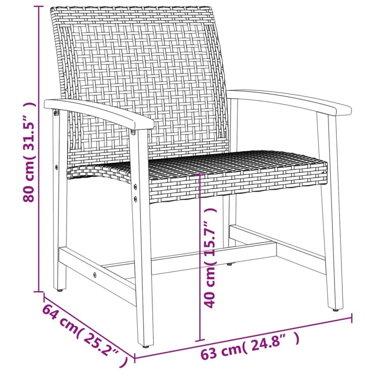 Gartenstuhl aus Polyrattan und Akazienholz, schwarz-braun, mit Maßangaben.