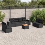 Schwarze 9-tlg. vidaXL Garten-Sofagarnitur aus Polyrattan mit Kissen im Garten.