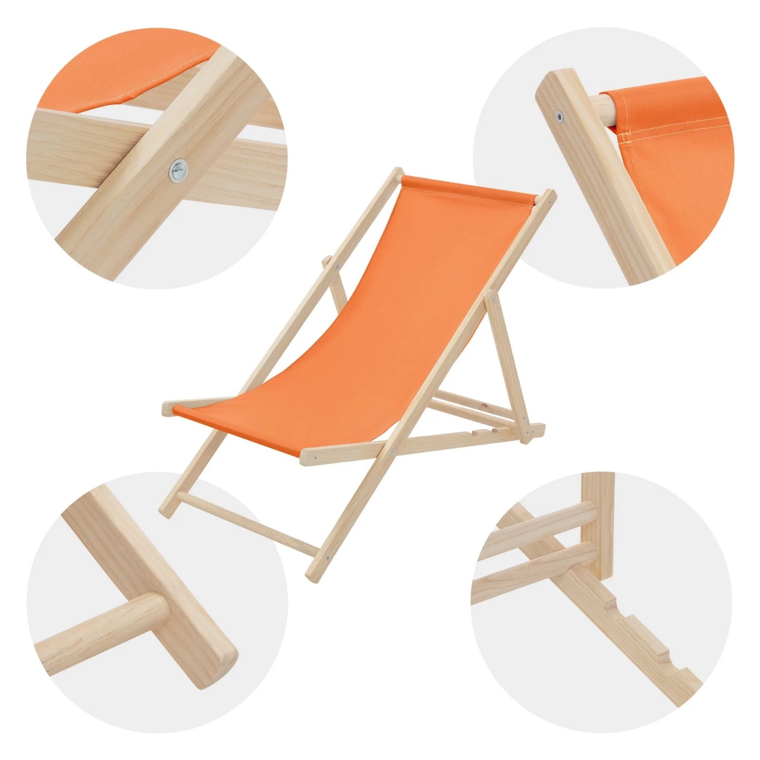 Set aus 10 klappbaren, orangefarbenen Holz-Liegestühlen von ECD Germany.