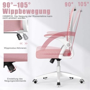 Pinker Rattantree Drehstuhl mit Mesh-Lehne, klappbaren Armlehnen und Höhenverstellung.