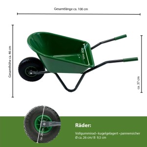 Grüne Kinderschubkarre mit Kunststoffwanne und Vollgummirad, Traglast 40 kg.
