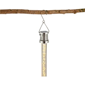 Solar-Hängeleuchte Stab mit LED, warmweiß, an einem Ast hängend. Deko für Garten & Balkon.