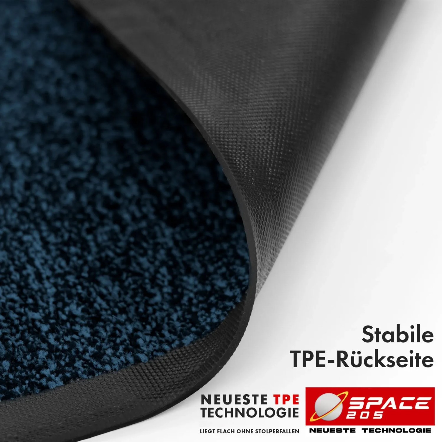 Blaue Floordirekt Schmutzfangmatte Space 205 mit schwarzer, rutschfester TPE-Rückseite und robustem Rand.