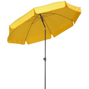 Goldgelber Schneider Balkonschirm Aquila Ø 250 cm mit Knickfunktion.
