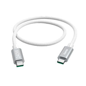Hama USB-C Ladekabel, 240W, 1,5m, weißes Nylonkabel mit silbernen Steckern.
