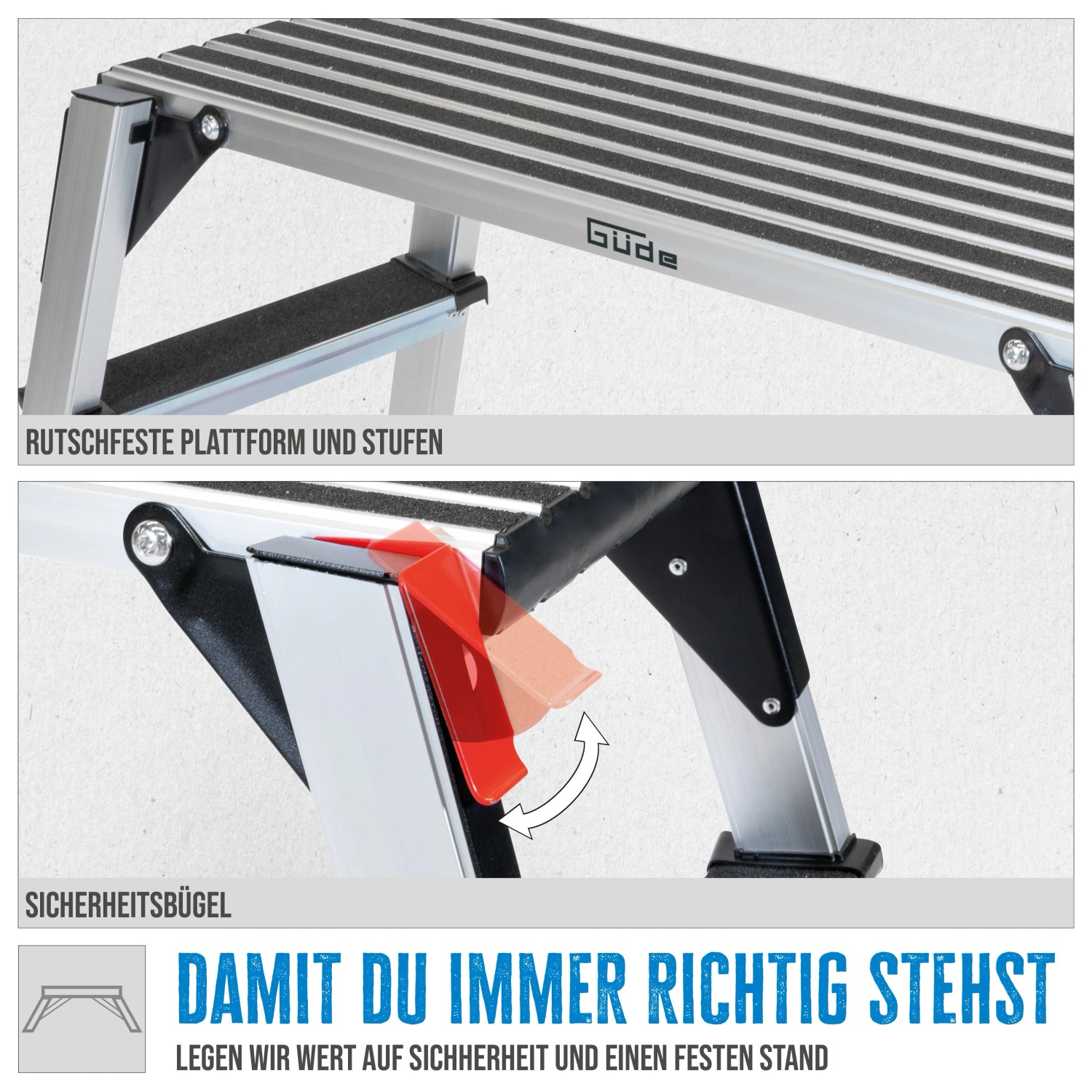 Aluminium Arbeitsplattform GAAP 960 mit rutschfester Oberfläche und Sicherheitsbügel.
