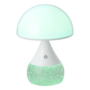 Weiße LED-Tischleuchte im Pilzdesign mit transparentem Glitzerfuß und RGB-Licht. Touchbedienung für stimmungsvolle Beleuchtung.