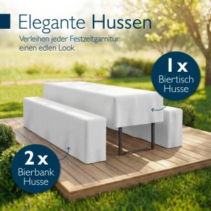 Beautissu 3tlg weißes Biertischhussen Set für Bierzeltgarnitur. Elegante, knitterfreie Hussen für Tisch und Bänke im Garten.