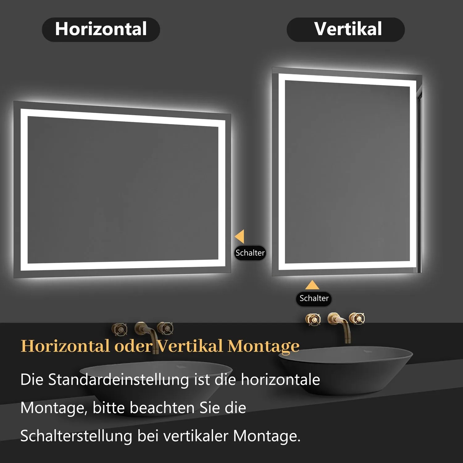 Aica Badspiegel 90x70 cm mit LED-Beleuchtung, horizontal und vertikal montiert.