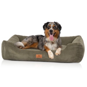 Knuffelwuff Hundebett Olivia Cord XXL, khaki, mit Hund im Körbchen.