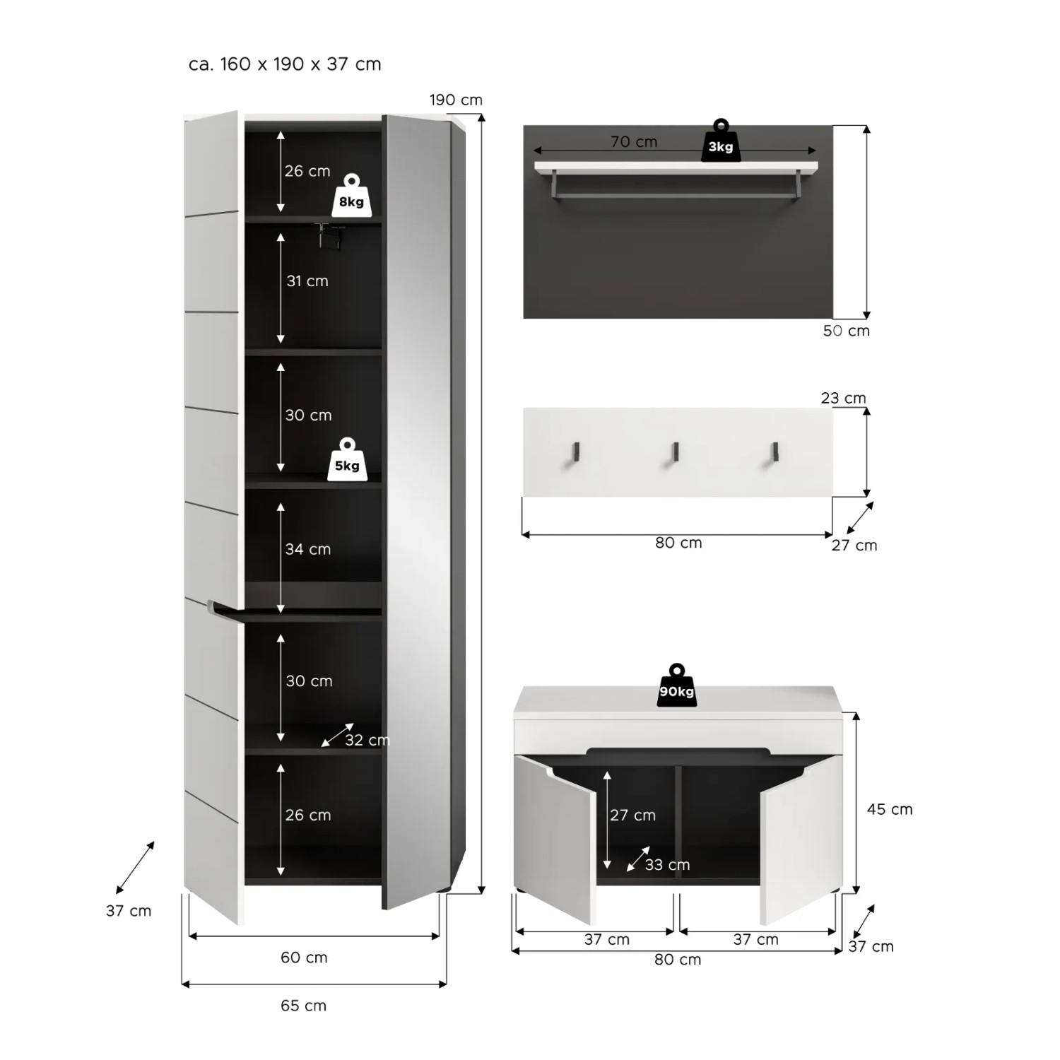 Inn.Furn Garderoben-Set 4-teilig in Weiß und Grau 160 cm Cooper_10