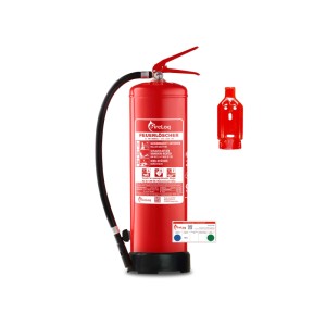 Roter FireLoq 6L Fettbrandlöscher mit schwarzem Schlauch, Prüfnachweis und Wandhalterung für Küchen.