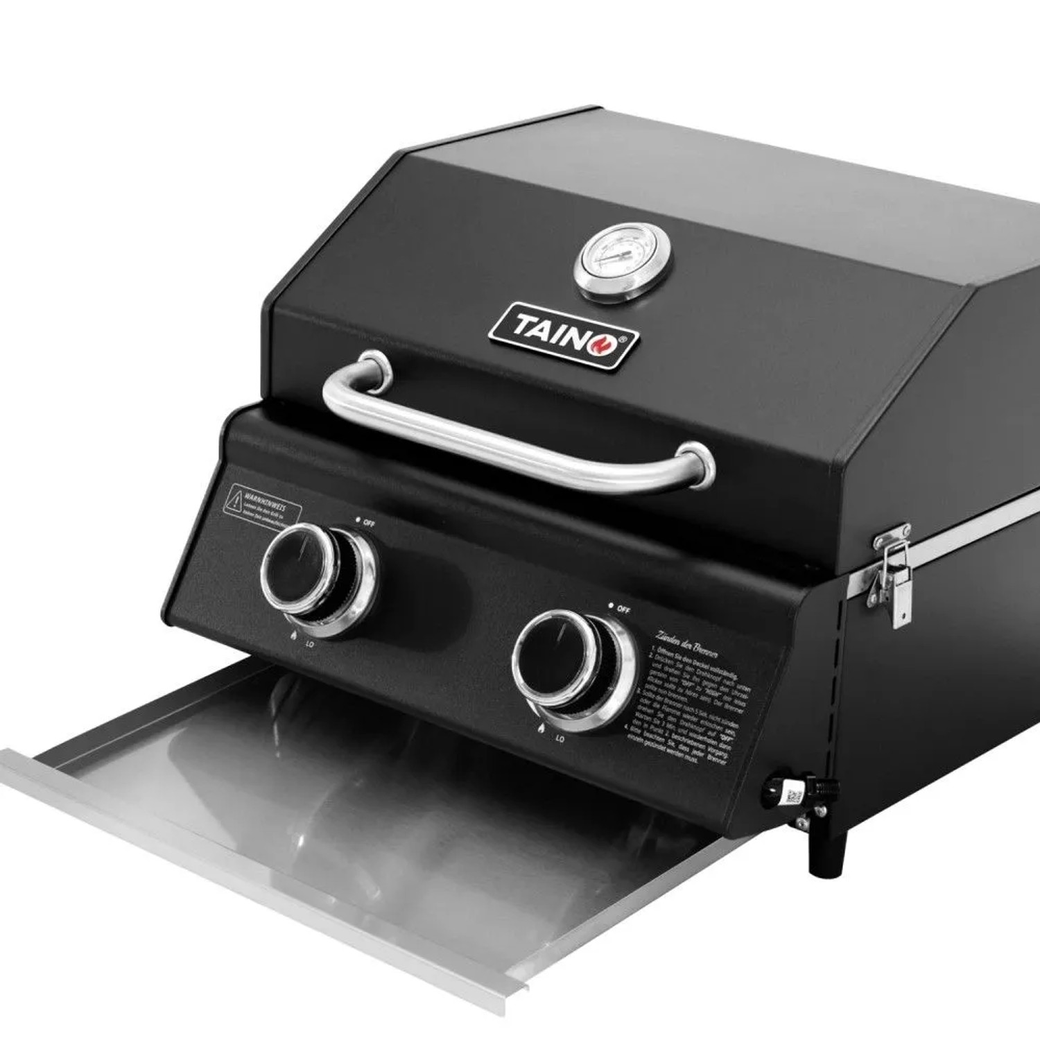 Kompakter Taino Platinum Dark Gasgrill, schwarz, mit 2 Brennern, Edelstahl-Bedienknöpfen und Thermometer. Ideal für Camping.