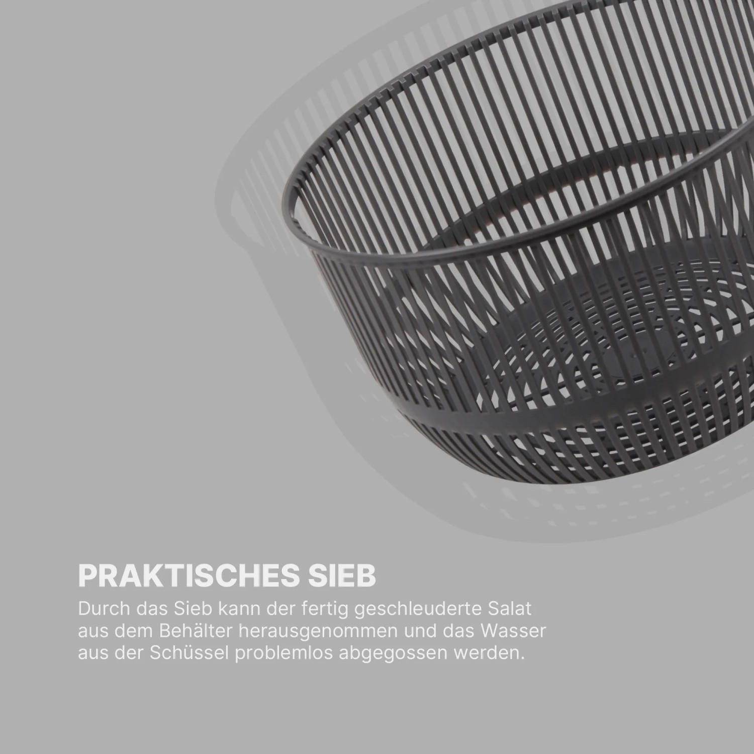 Graue ProHome Salatschleuder (Ø20cm, 2,7L) mit Sieb, ideal zum Abtropfen von Salat.