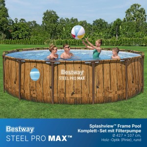 Bestway Framepool Steel Pro Max Holzoptik Pinie, Ø 427x107 cm. Familie badet im runden Gartenpool mit Bullauge.