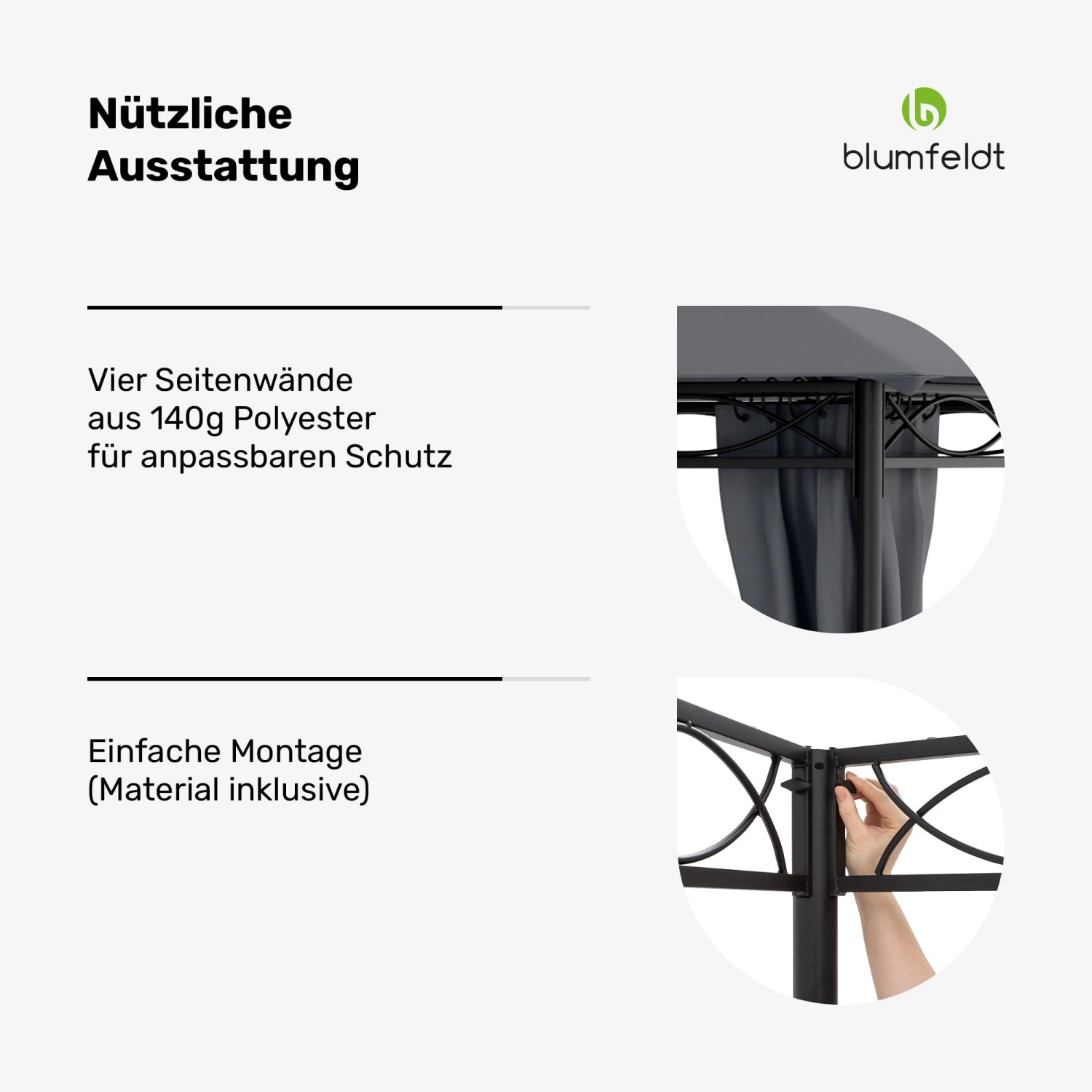 Detailansicht Blumfeldt Mondo Gartenpavillon: Seitenwand und einfache Montage des Partyzelts.