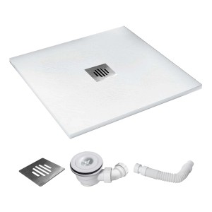 Quadratische, weiße Duschwanne 90x90 cm in Schieferoptik mit Edelstahl-Ablauf und Ablaufgarnitur.