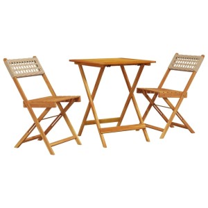 Beiges 3-tlg. Bistro-Set aus Akazienholz und Poly Rattan, klappbar für Garten, Balkon oder Terrasse.