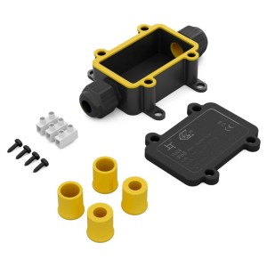 hb-digital Abzweigdose IP68, 2 Wege Kabeldose, schwarz-gelb, mit Klemmen & Dichtungen für Outdoor Elektroinstallation.