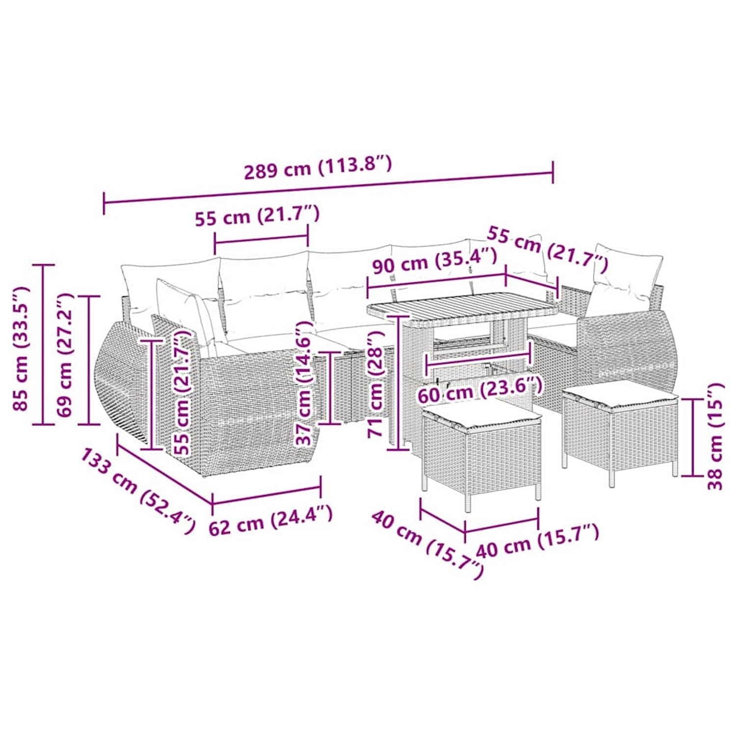 vidaXL Garten-Sofa-Set, 10-teilig, beige Poly Rattan, mit Tisch und Hockern, Maße eingezeichnet.