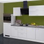 Flex-Well Küchenzeile Lucca 270 cm in Weiß mit E-Geräten und grauer Arbeitsplatte.
