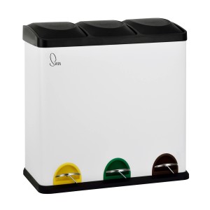 Weißer Svita Mülleimer mit 3 Fächern (je 20L) und farbigen Tretpedalen zur Mülltrennung.