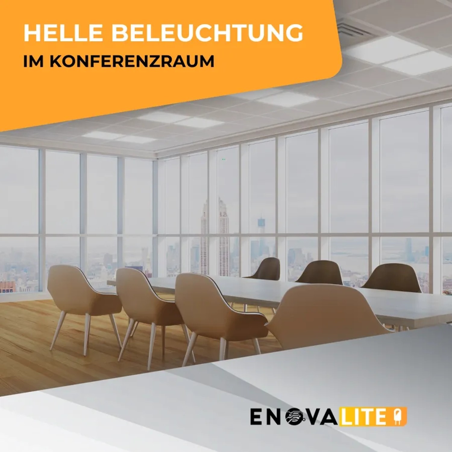 Konferenzraum mit heller Beleuchtung durch 120x30 cm LED-Panels von Enovalite.