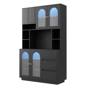 PXloue Hochschrank Küchenbuffet 175 cm Schwarz mit LED Beleuchtung und Schubladen