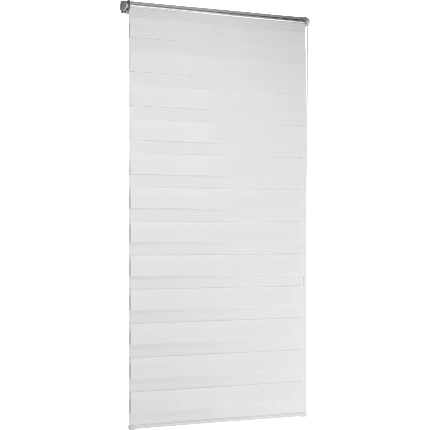 Weißes Vario-Rollo Sedano, 60x150 cm, mit transparenten und blickdichten Streifen zur Lichtregulierung.