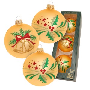Krebs Glas Lauscha Weihnachtskugeln, 3er Set, goldfarben mit Glocken- und Zweig-Motiv, 8 cm.
