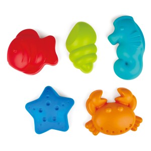 Hape Sandförmchen Meerestiere, 5-teilig, Kunststoff, mehrfarbig: Fisch, Muschel, Seestern, Seepferdchen, Krabbe.