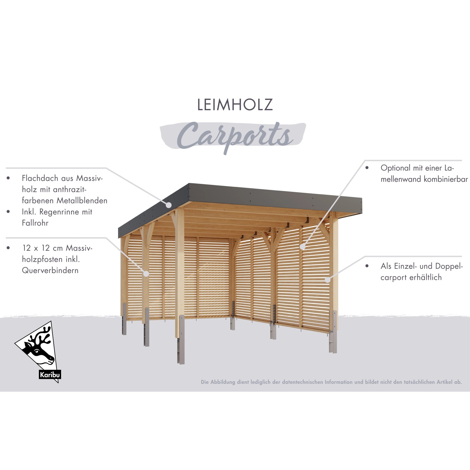 Karibu Einzelcarport aus Leimholz, naturbelassen. Holzcarport mit Flachdach und anthrazitfarbener Blende.