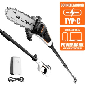 Litheli U20 Akku-Teleskop-Kettensäge mit Akku, ausziehbar für hohe Äste. Auch als Powerbank nutzbar.
