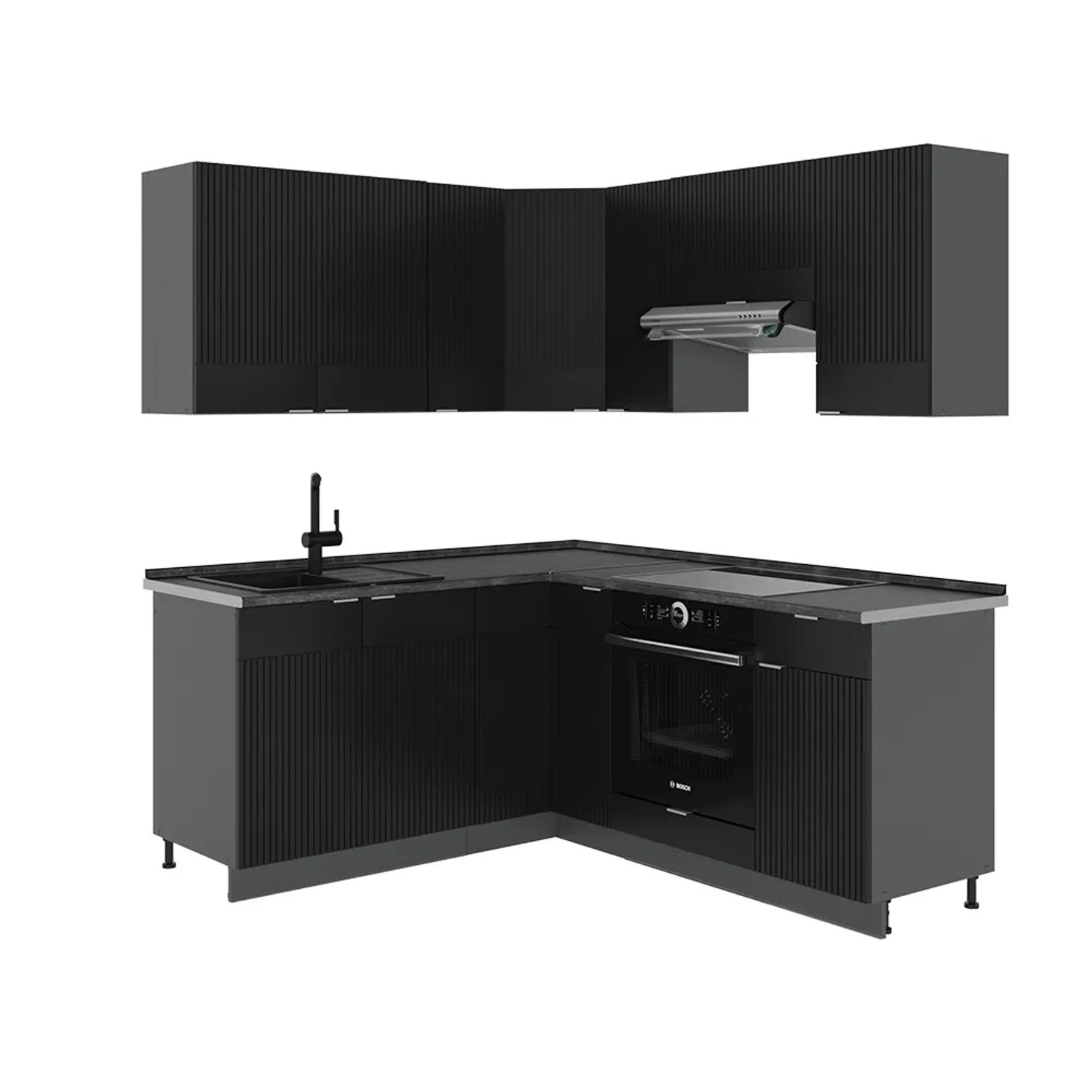 Vicco Fame-Line Eckküche Schwarz gestreift/Anthrazit 160 x 190 cm AP Anthrazit ohne E-Geräte