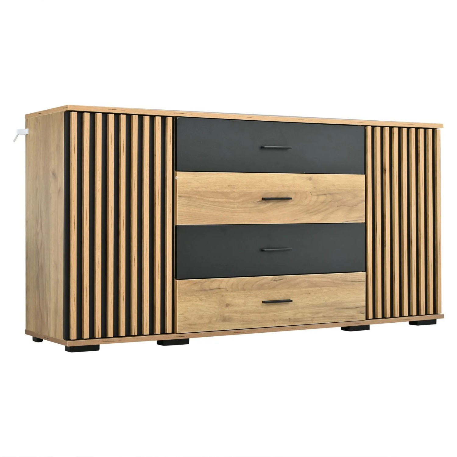 Merax Sideboard 140x35x70 cm 4 Schubladen 2 Türen Rillenoptik Eiche Schwarz