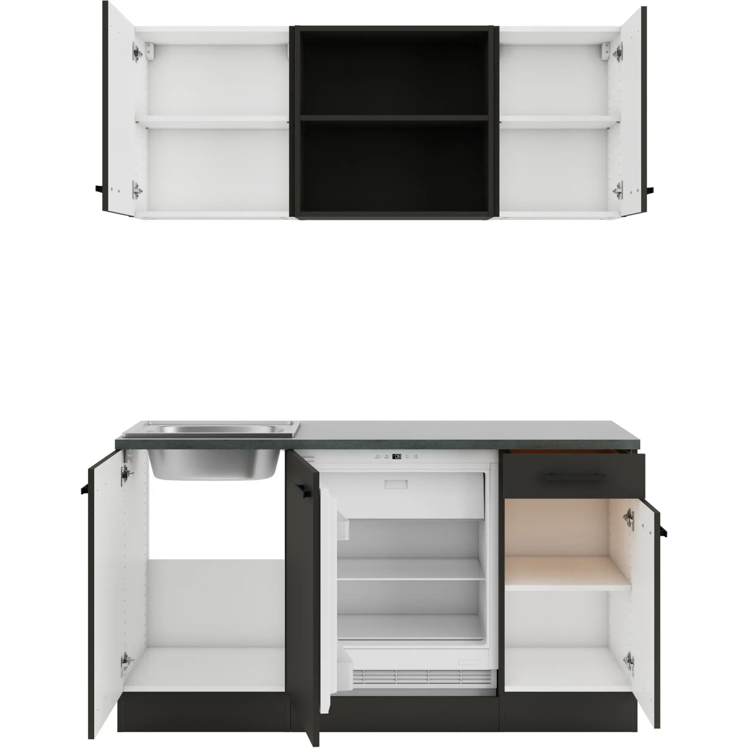 OPTIFIT Madrid420 Miniküche 150 cm Anthrazit mit Spüle und Kühlschrank, offene Schranktüren.