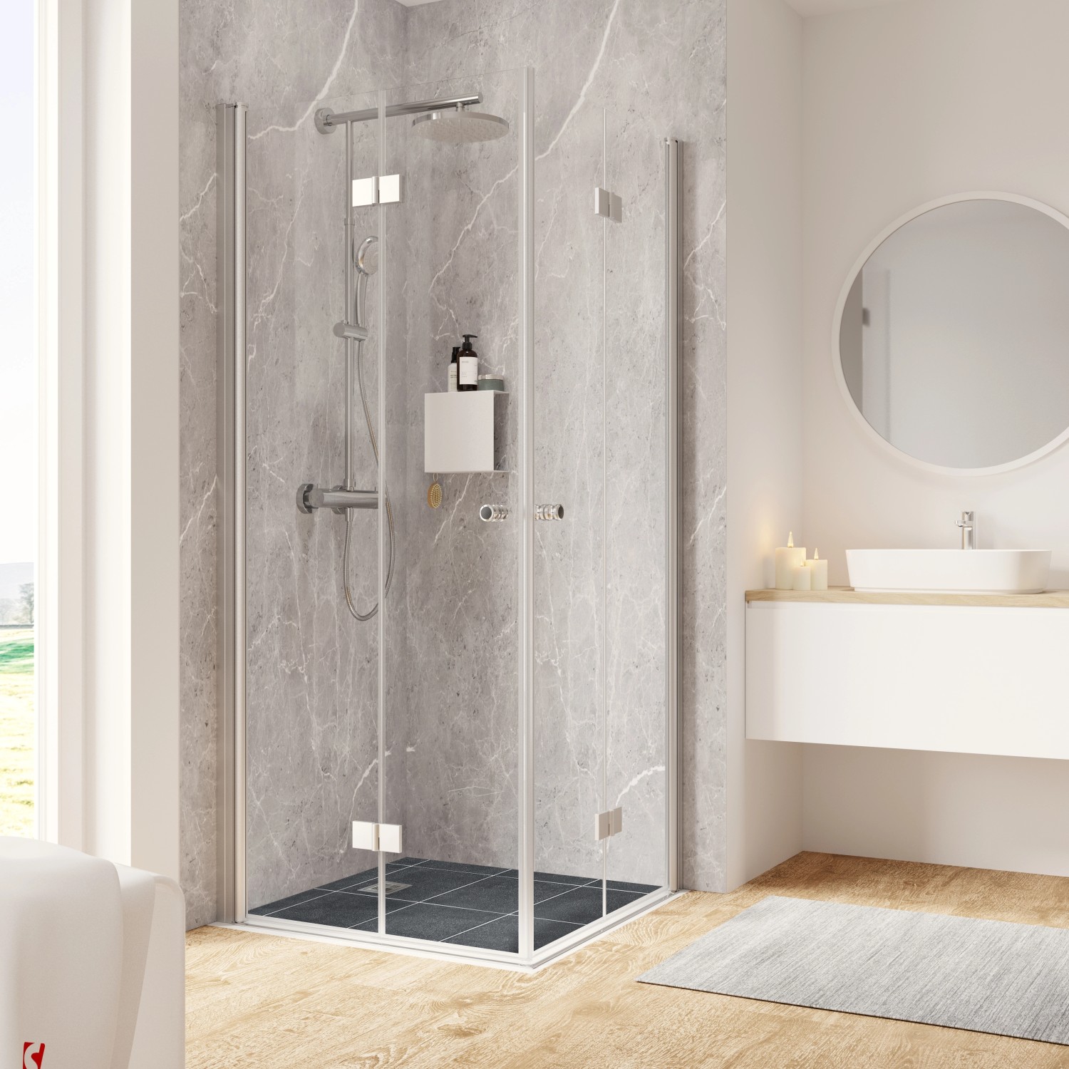 Schulte ExpressPlus Drehfalttür als Eckeinstieg Montage auf Fliese 200 x 90 cm