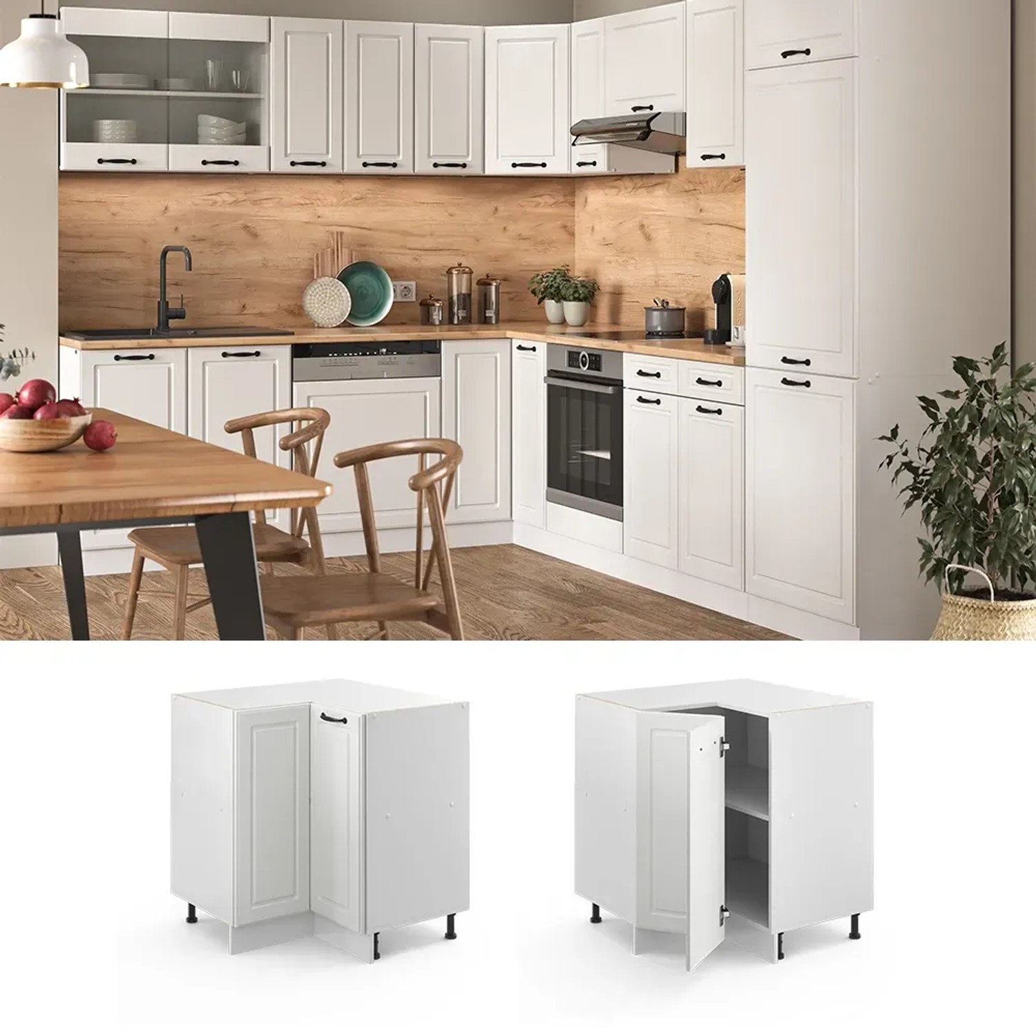 Vicco Eckunterschrank R-Line, Landhausstil in Weiß/Weiß, 76 cm, ohne Arbeitsplatte.