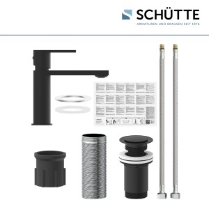 Schütte Waschtischarmatur Manhattan, Schwarz Matt, mit Zubehör und Anschlussschläuchen.