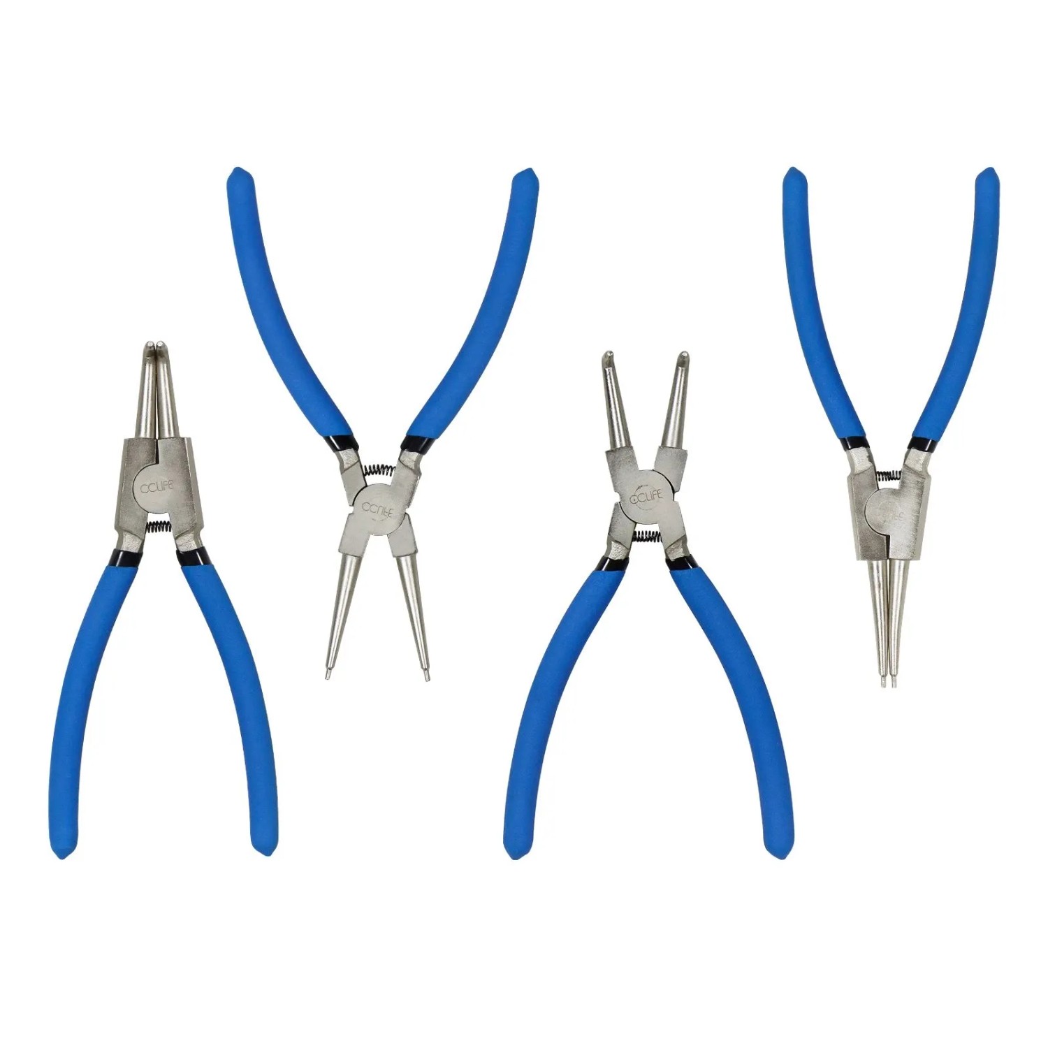 CCLIFE Sprengringzangen Set 4tlg, 150mm, mit geraden und gebogenen Spitzen für Innen- & Außensicherungen, blaue Griffe.