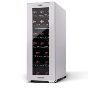 Weißer Klarstein Shiraz 18 Duo Weinkühlschrank mit Glasfront, 2 Zonen, für 18 Flaschen Wein auf Metalleinschüben.