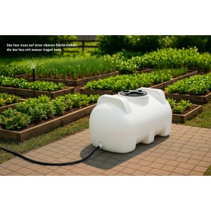 Weißer KMND 500L Wassertank aus Kunststoff für Trinkwasser im Garten.