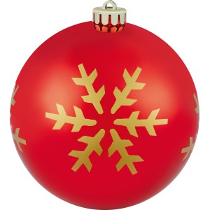Rote Weihnachtskugel (Ø 14cm) mit goldener Schneeflocke als Baumschmuck.