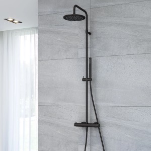 Kronenbach Black Duschsystem Lima 2.0 mit Thermostat und Kopfbrause in Schwarz Matt.